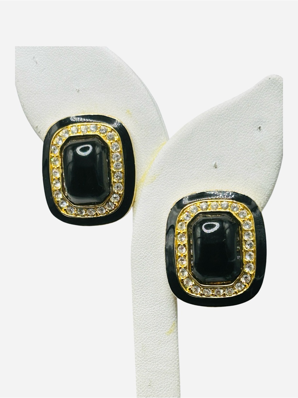 Vintage 1980’s Black Lucite and Rhinestone Omega Pierced Earrings